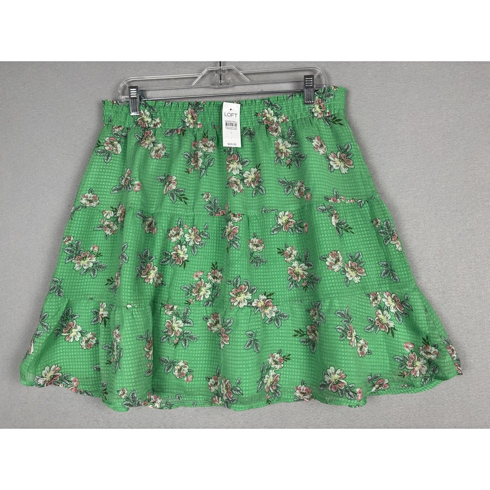 LOFT Skirt Womens Large Green Floral Chiffon Tiered Skater Mini Lined NWT